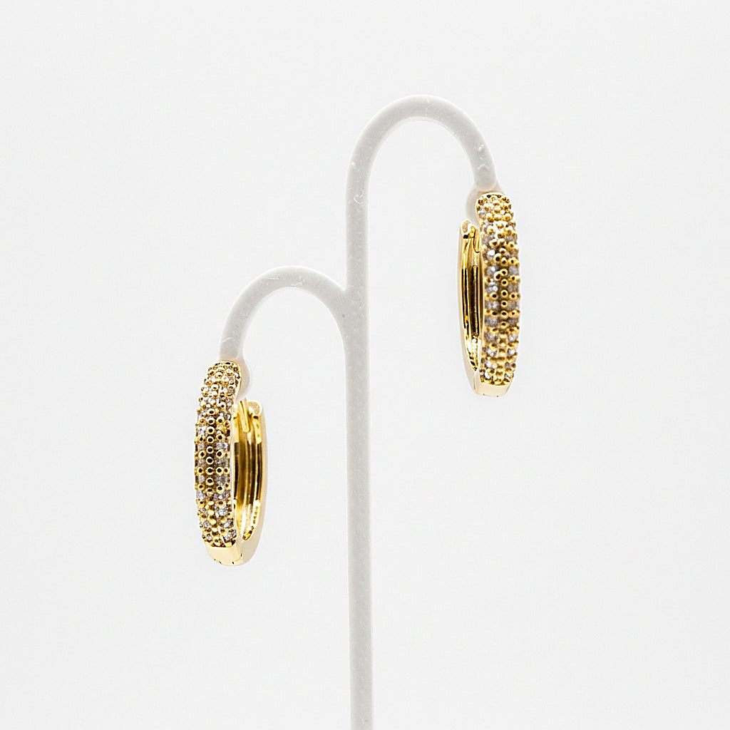 Pair of gold huggie earrings on white background