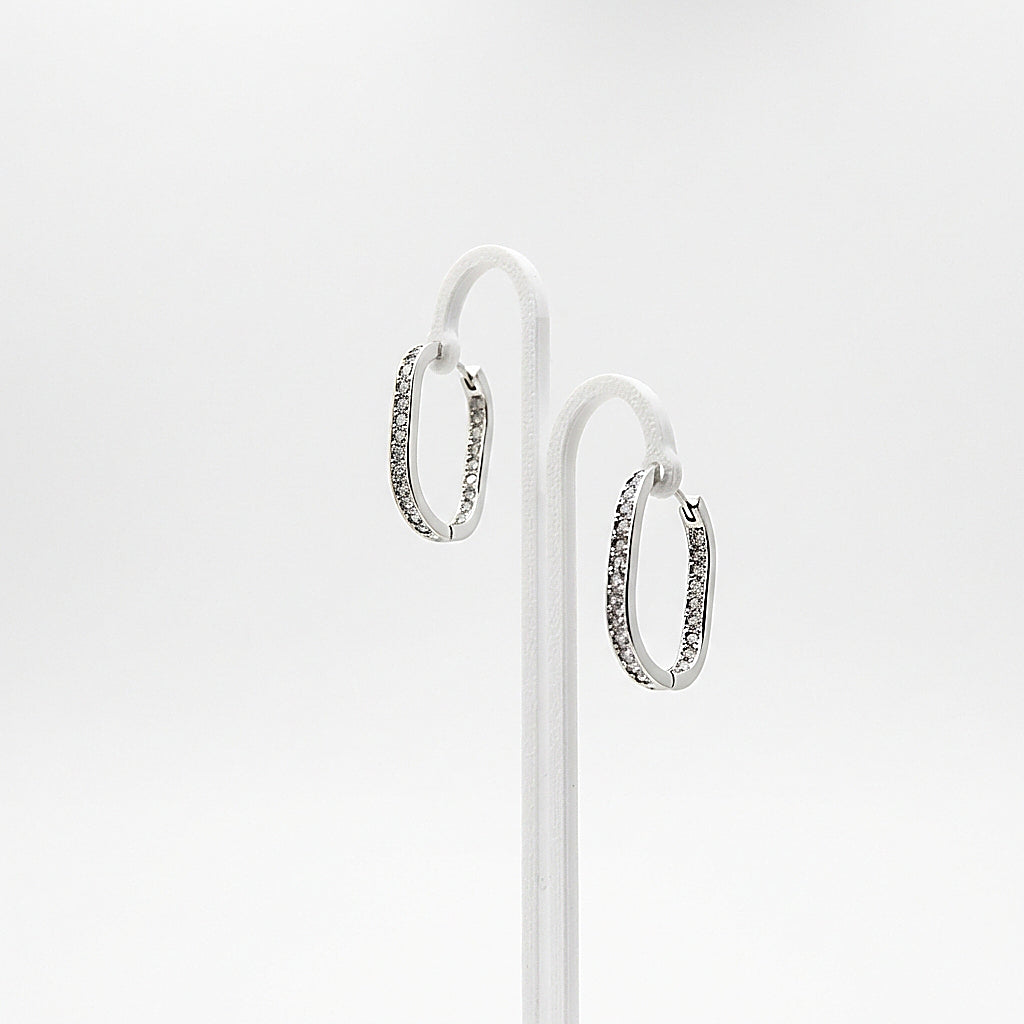 Pair of silver earrings on white background
