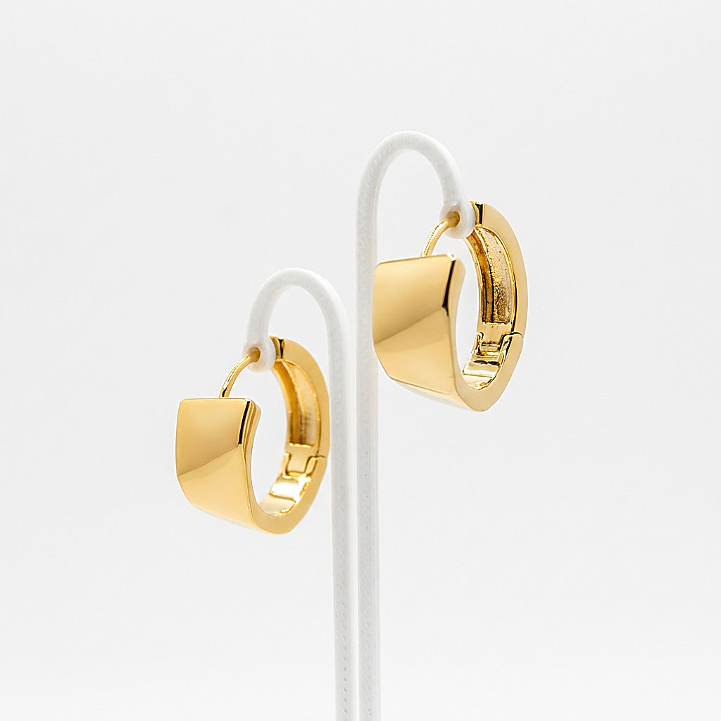 Pair of gold huggie earrings on white background