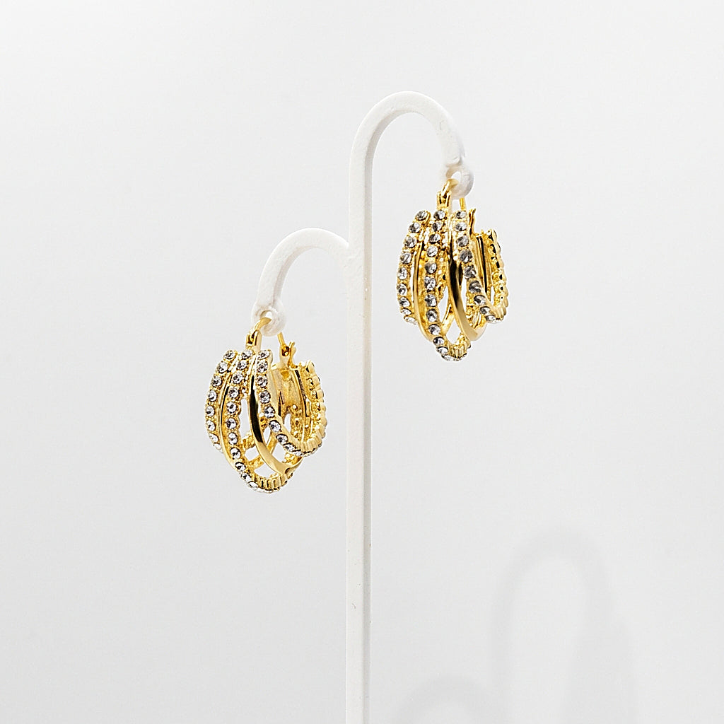 Pair of gold hoop earrings on white background