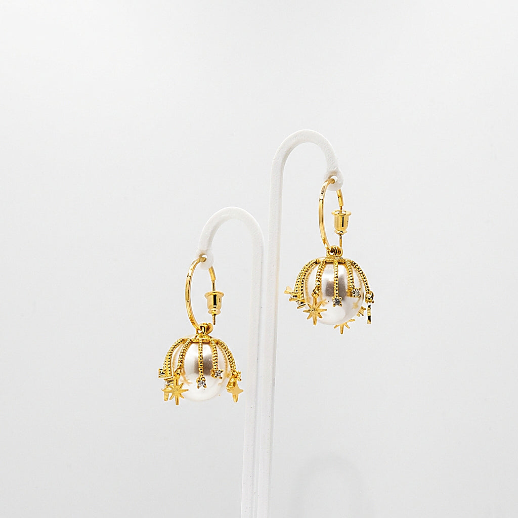 Pair of gold drop earrings on white background